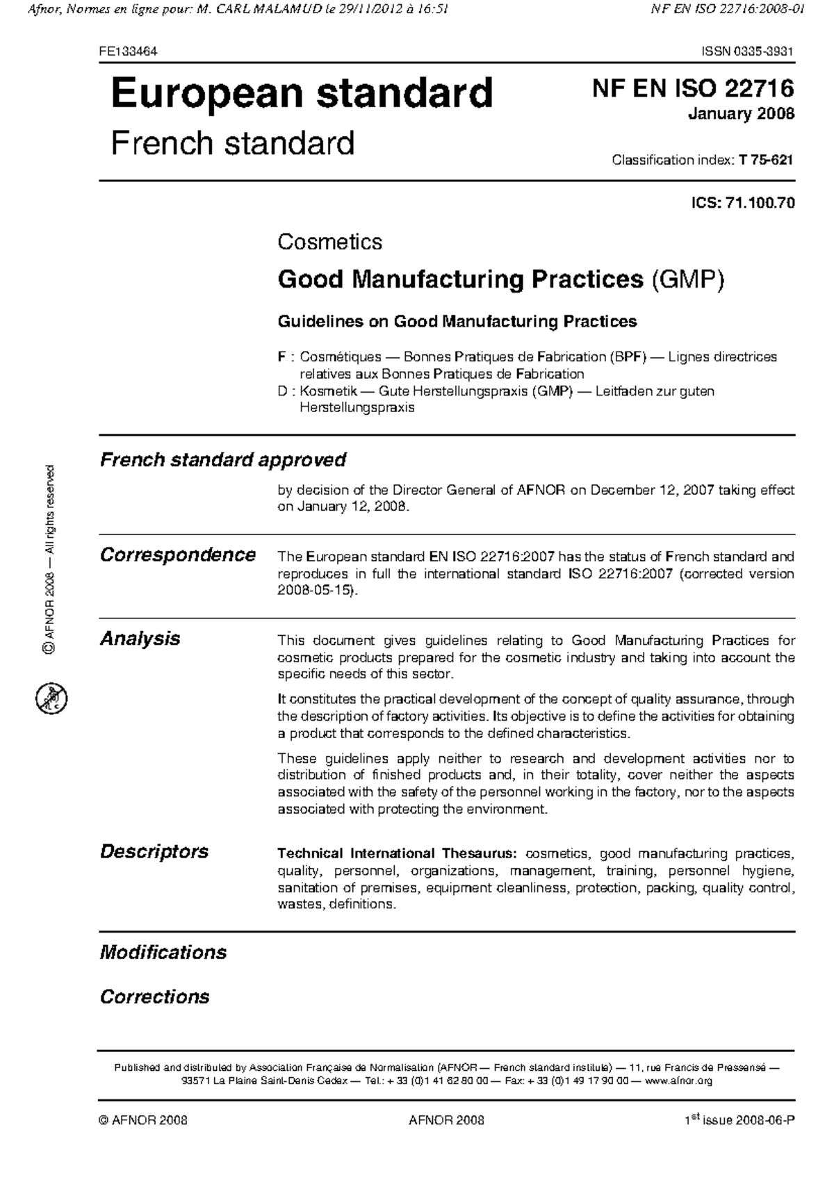 NBN EN ISO 22716:2007 - Guidelines for Good Manufacturing Practices in Cosmetics - Studocu