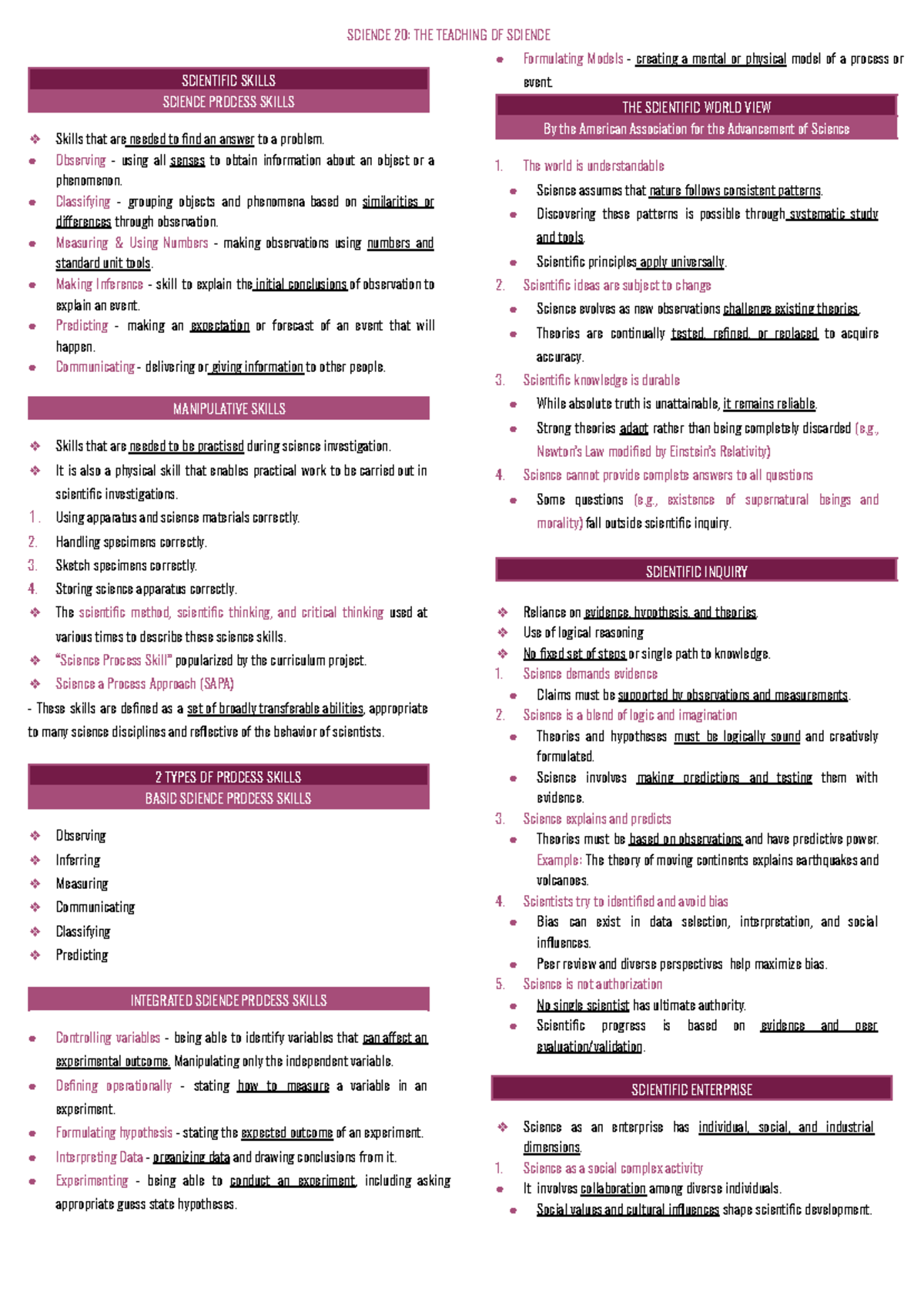 SCIENCE 20: TEACHING SCIENCE - Key Concepts and Skills Overview - Studocu