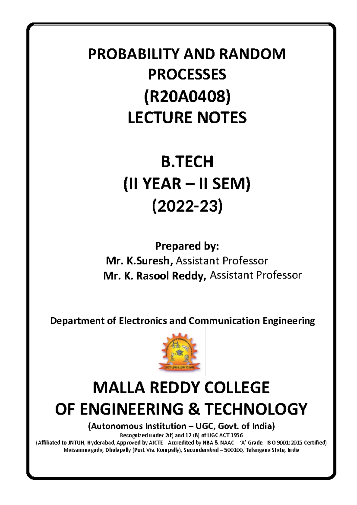 Probability and Random Processes: Lecture Notes (B.Tech II Year) - Studocu