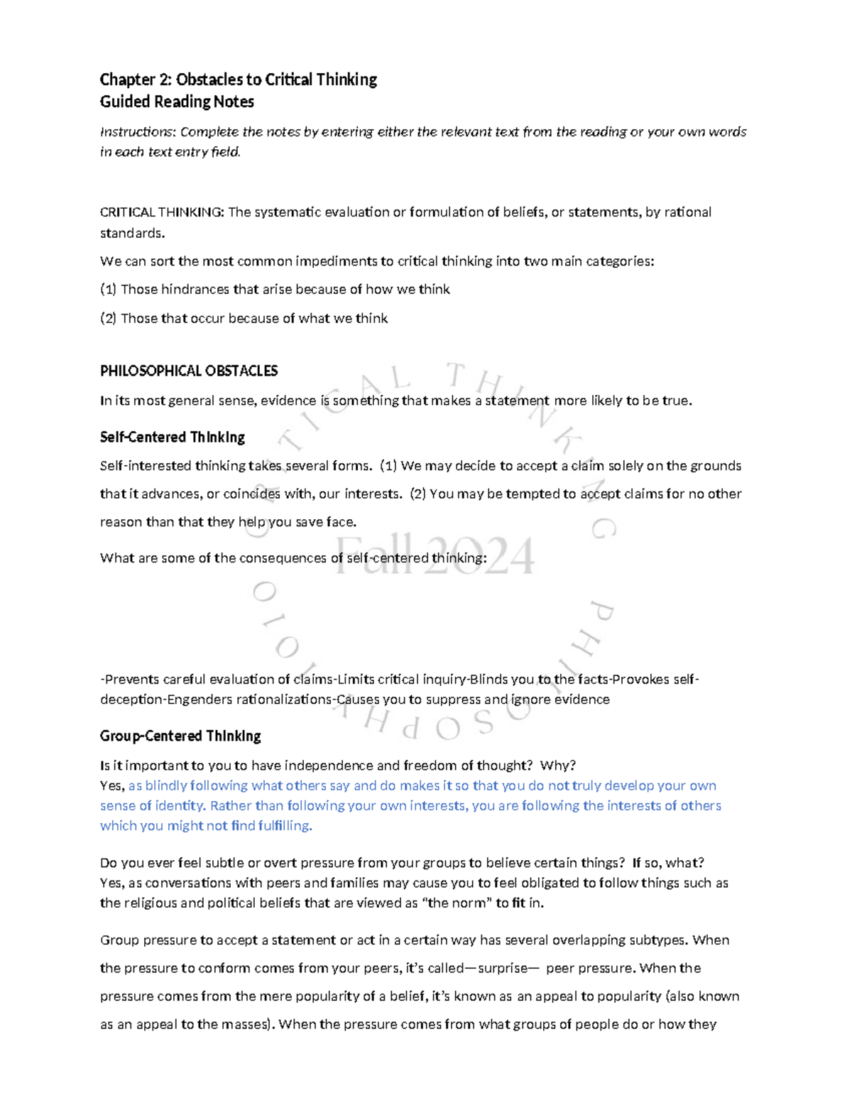 Notes Chapter 2 002821824 - Chapter 2: Obstacles to Critical Thinking ...