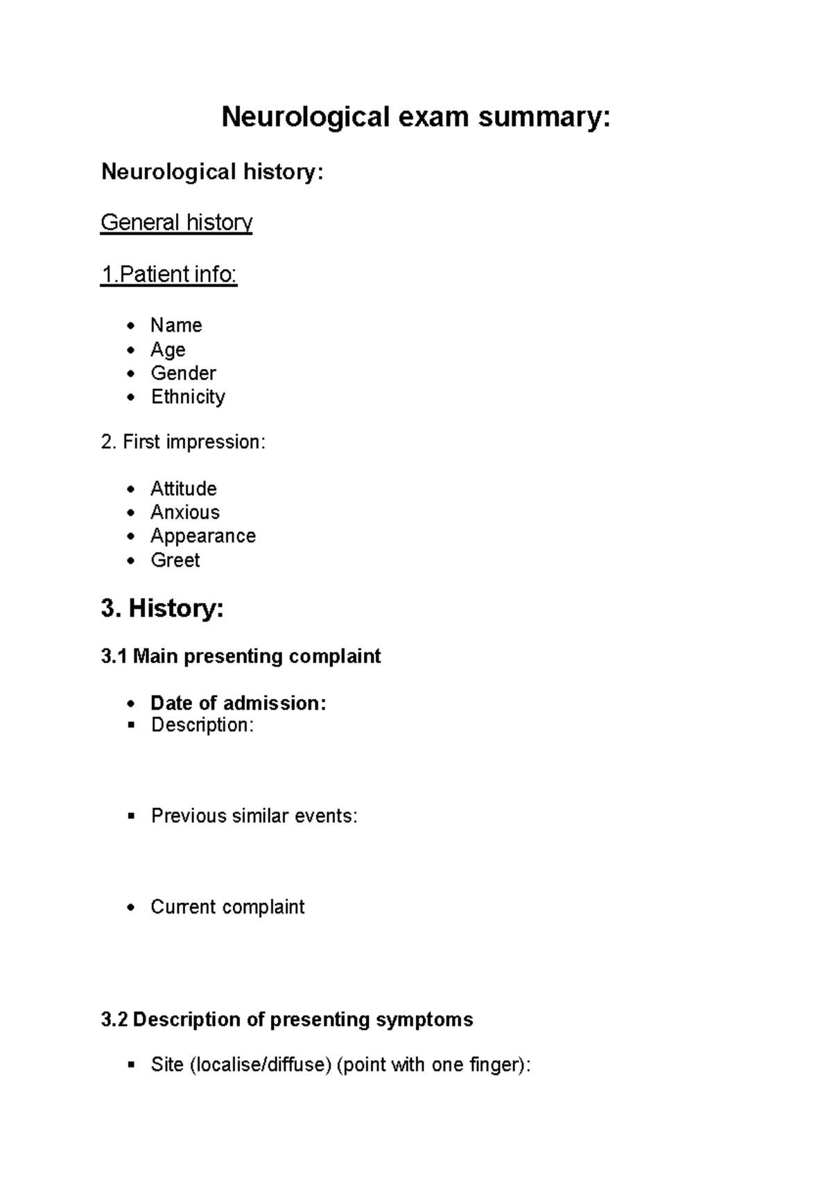 Neuro Exam Summary Template: Comprehensive Assessment Guide - Studocu