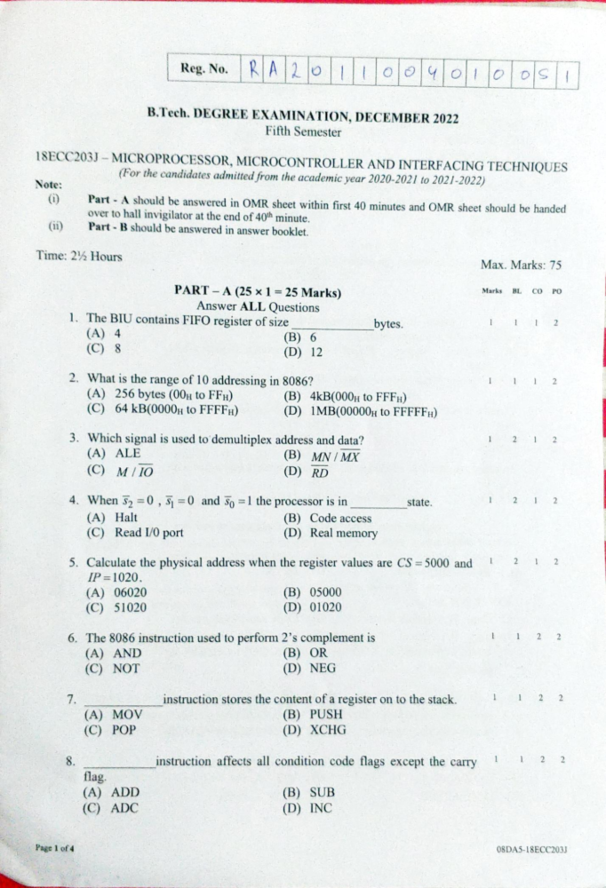 MPMC End Sem Paper - Reg. RIA B.Tech EXAMINATION, DECEMBER 2022 Fifth ...