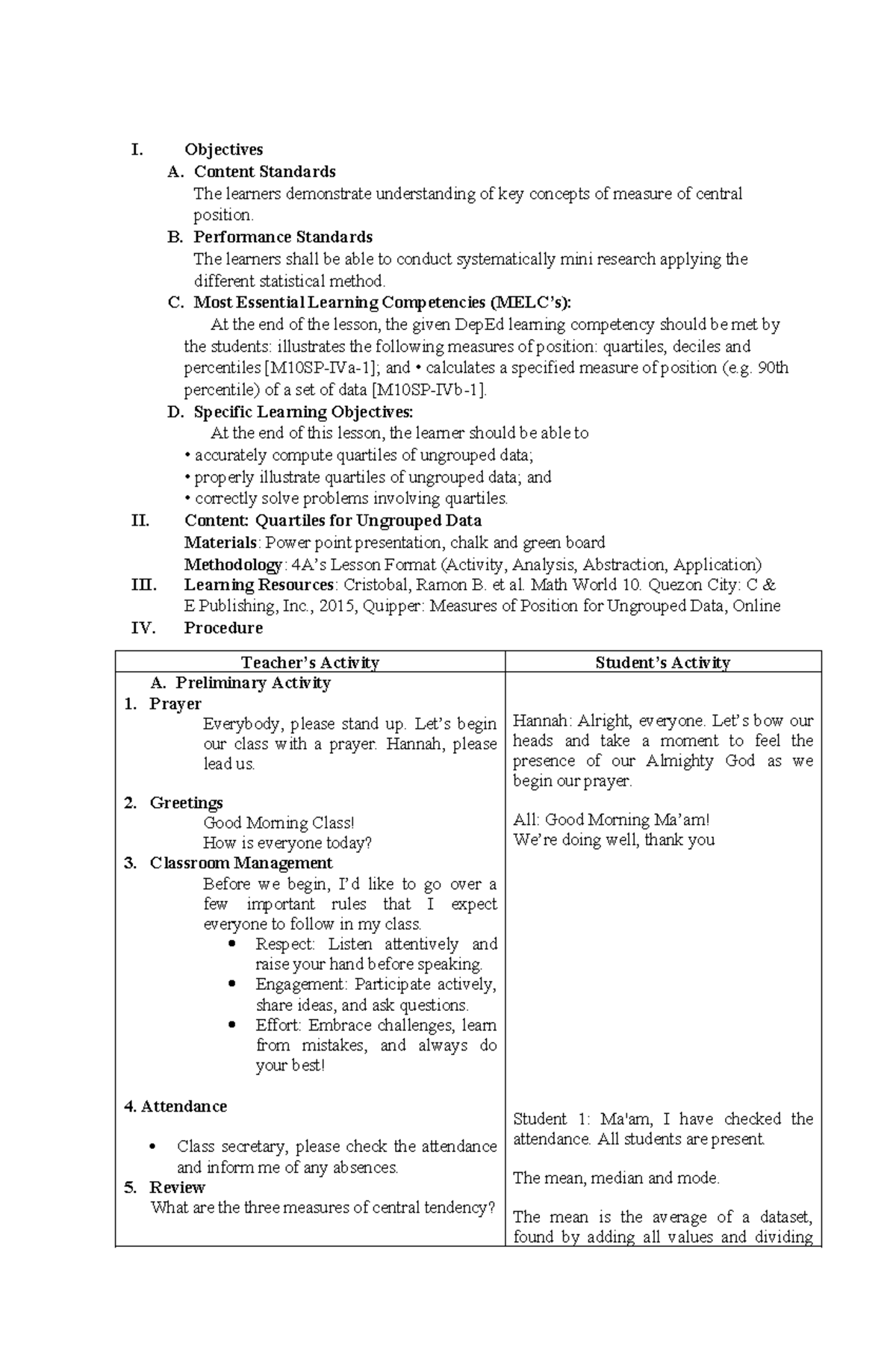 Quartiles for Ungrouped Data: Lesson Plan and Activities - Studocu