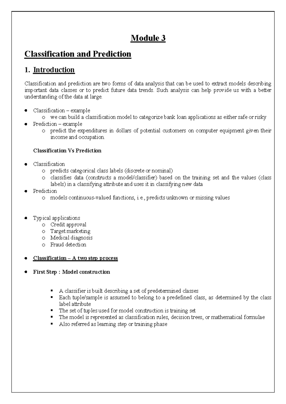 CST466 Module 3 Classification & Prediction: Key Concepts & Techniques ...