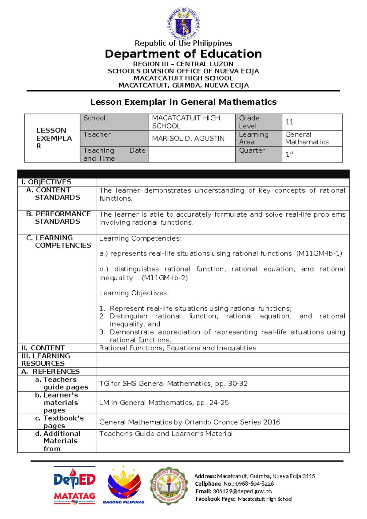 COT-1-Lesson Exemplar: General Math for Quarter 1 - Studocu