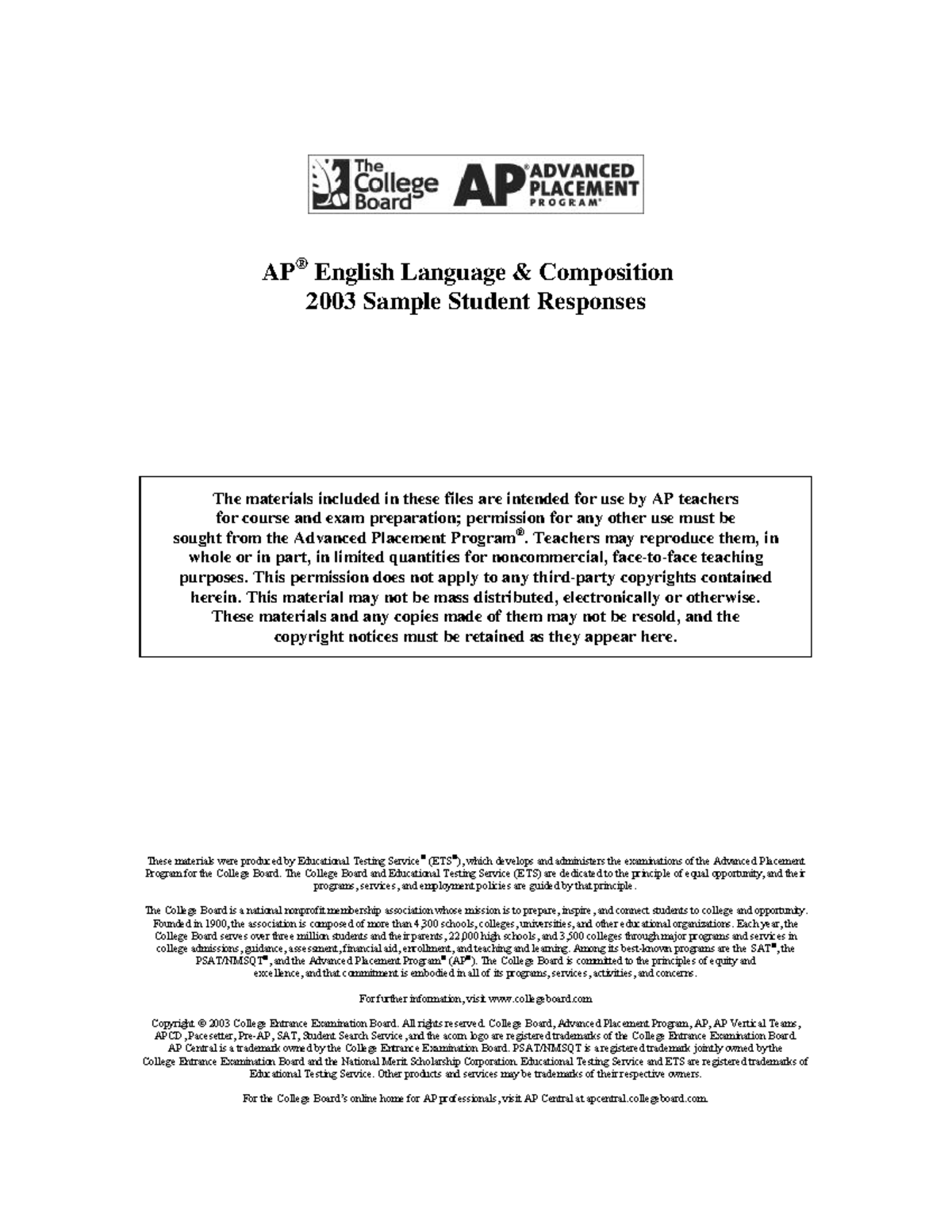 AP English Language Composition 2003: Sample Student Responses - Studocu
