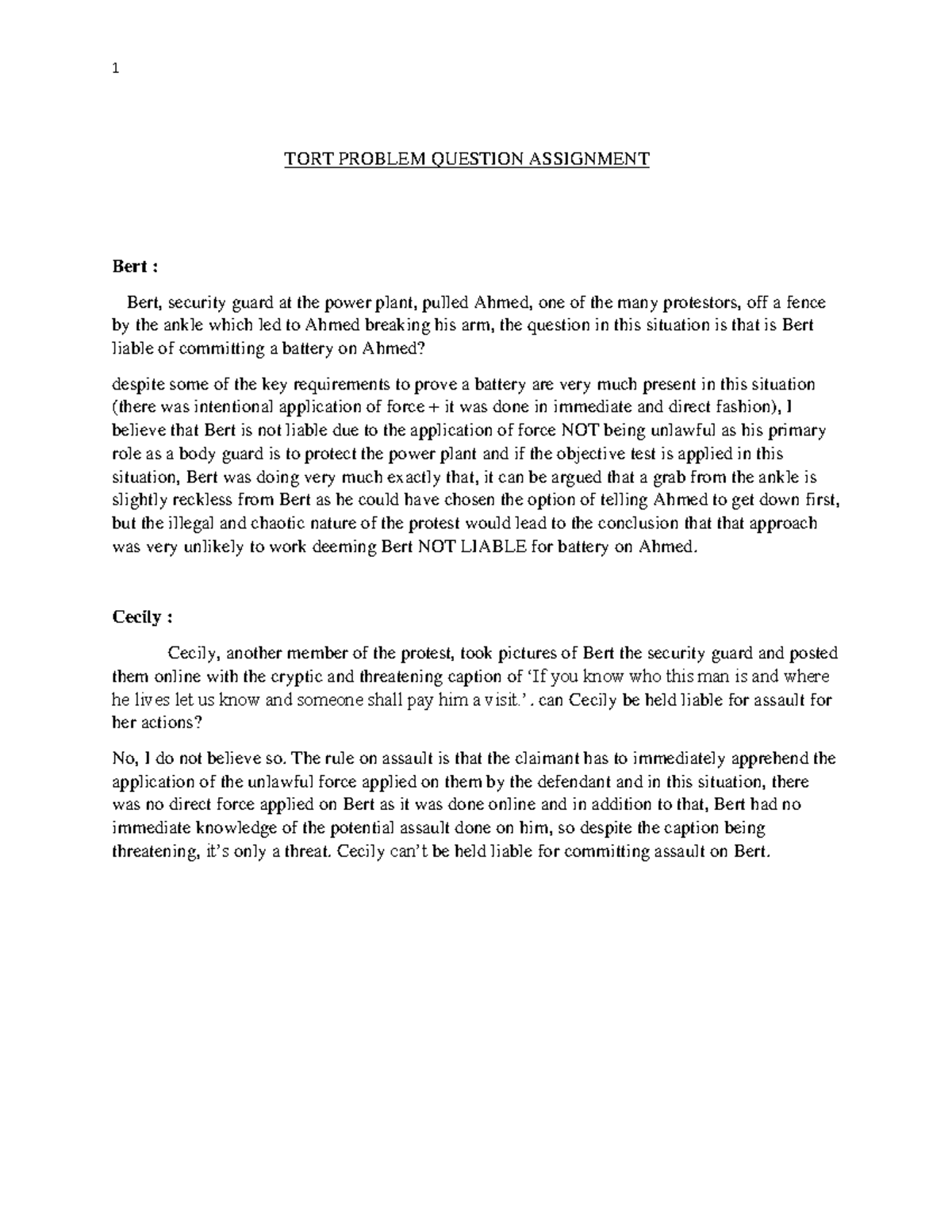 TORT Problem Question Assignment: Liability in Protest Scenarios - Studocu