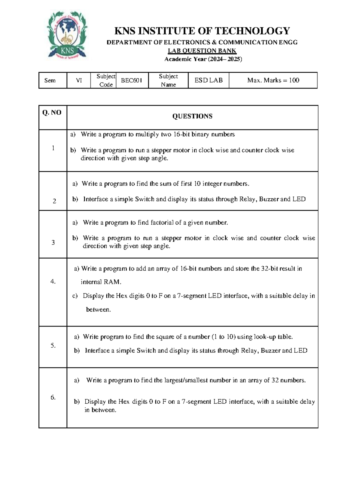 ESD LAB Question Bank (BEC601) - KNS Institute of Technology - Studocu