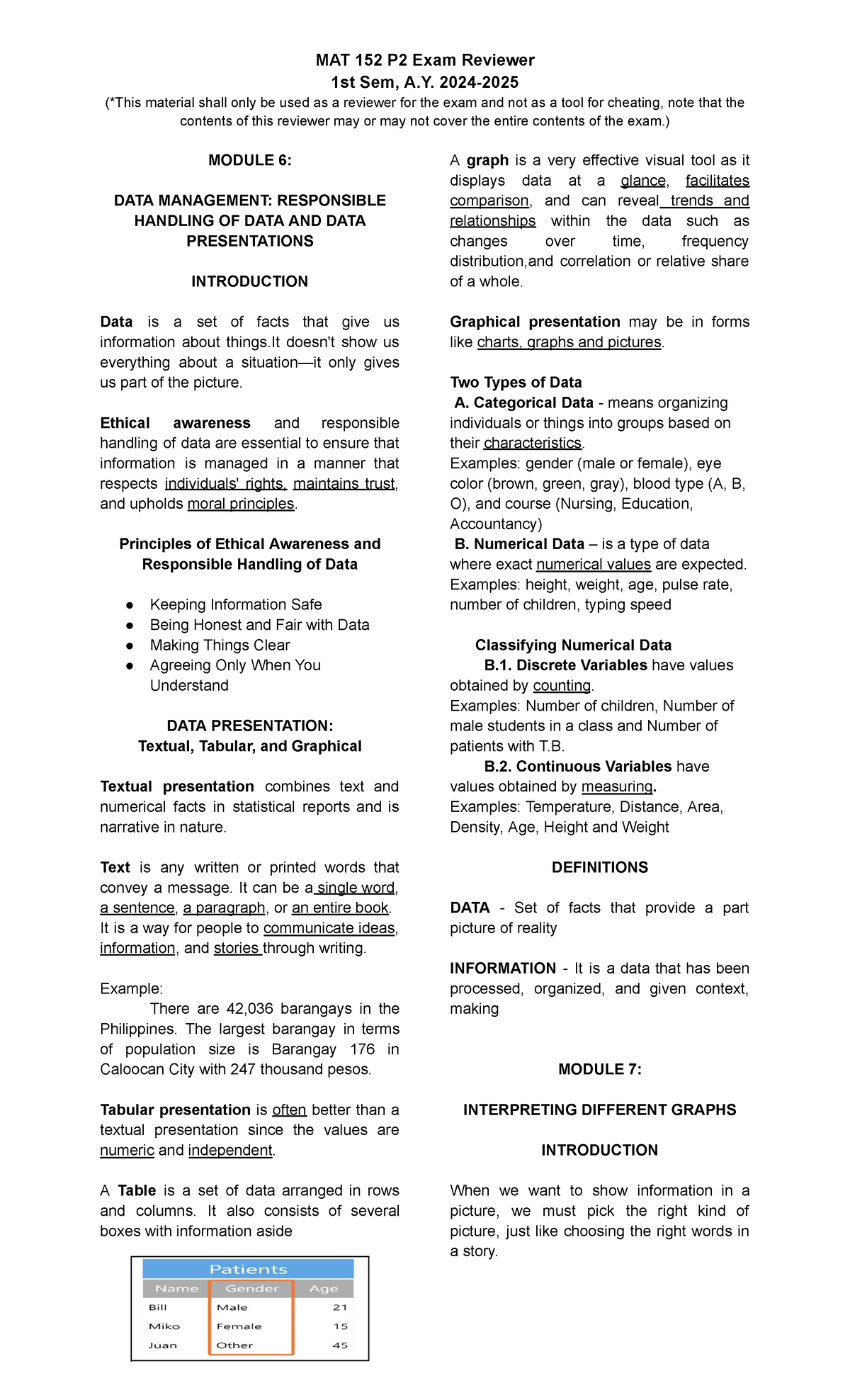MAT 152 P2 Exam Reviewer: Data Management & Analysis Notes - Studocu