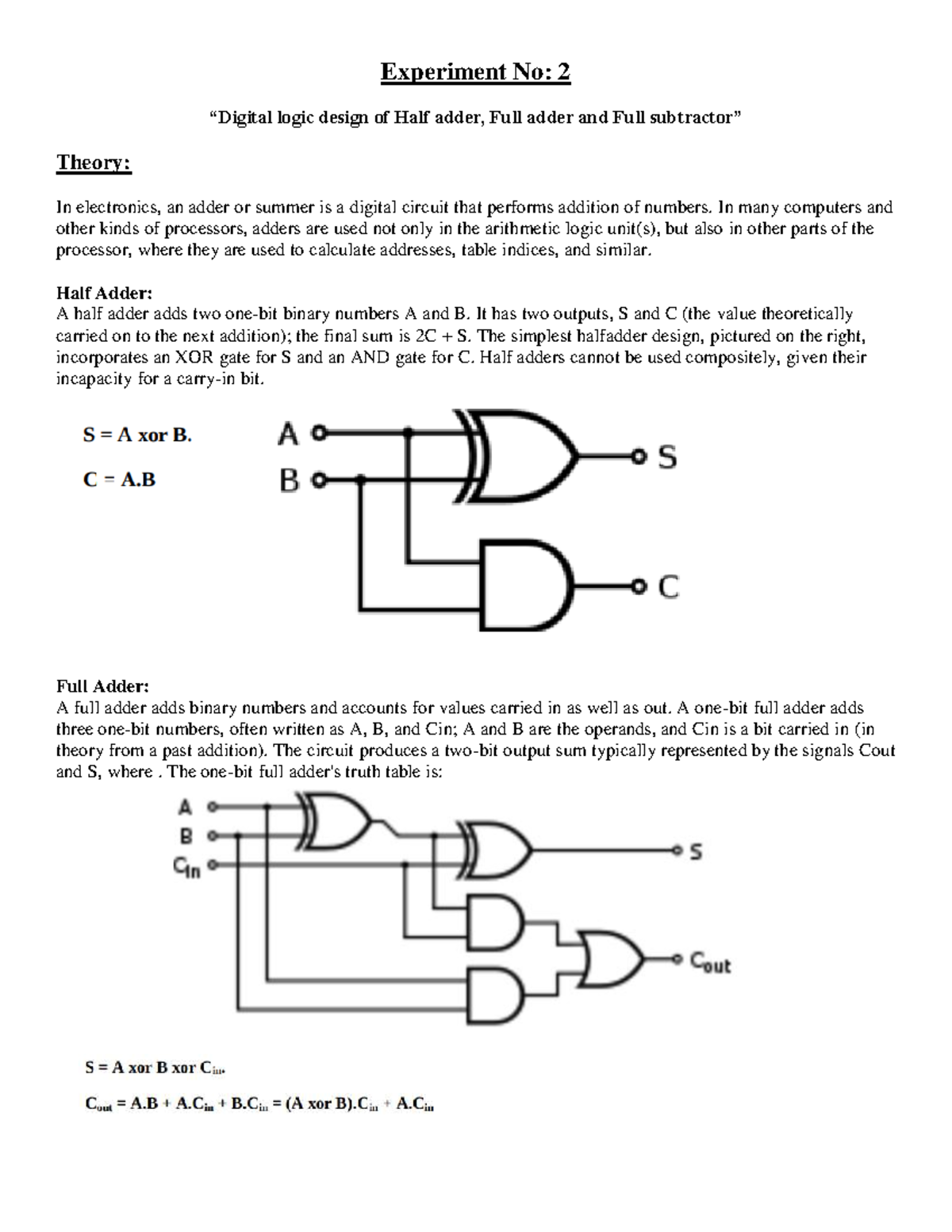 Lab 2: Logic Design of Half Adder & Full Adder Theory - Studocu