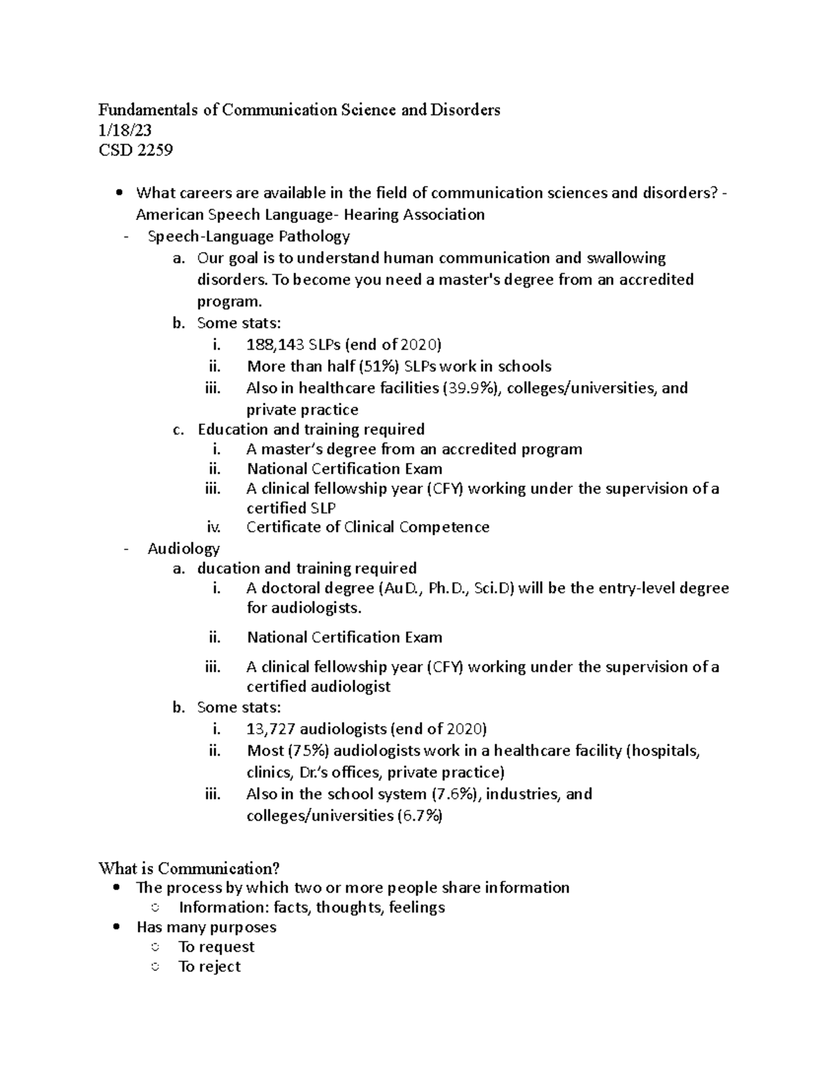 CSD 2259: Communication Science & Disorders Overview Notes - Studocu