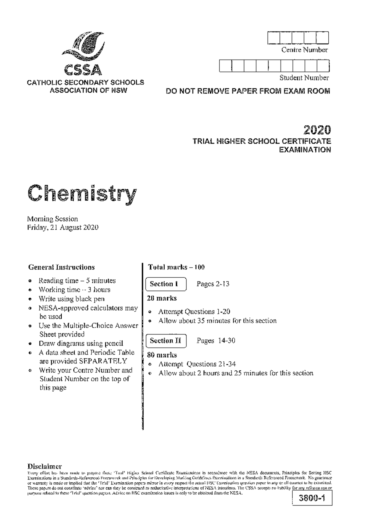 CSSA 2020 HSC Chemistry Trial Exam Questions and Answers - Studocu