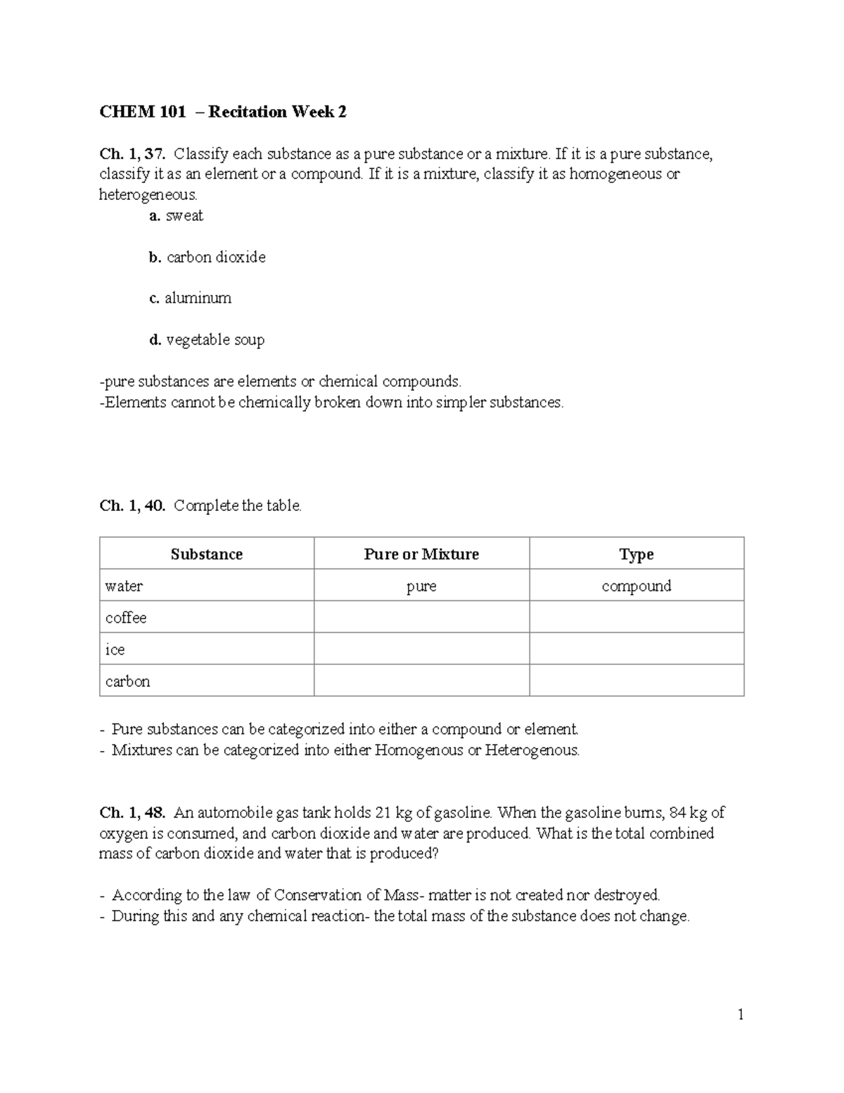 CHEM 101 Rec Week 2 New - CHEM 101 – Recitation Week 2 Ch. 1, 37 ...