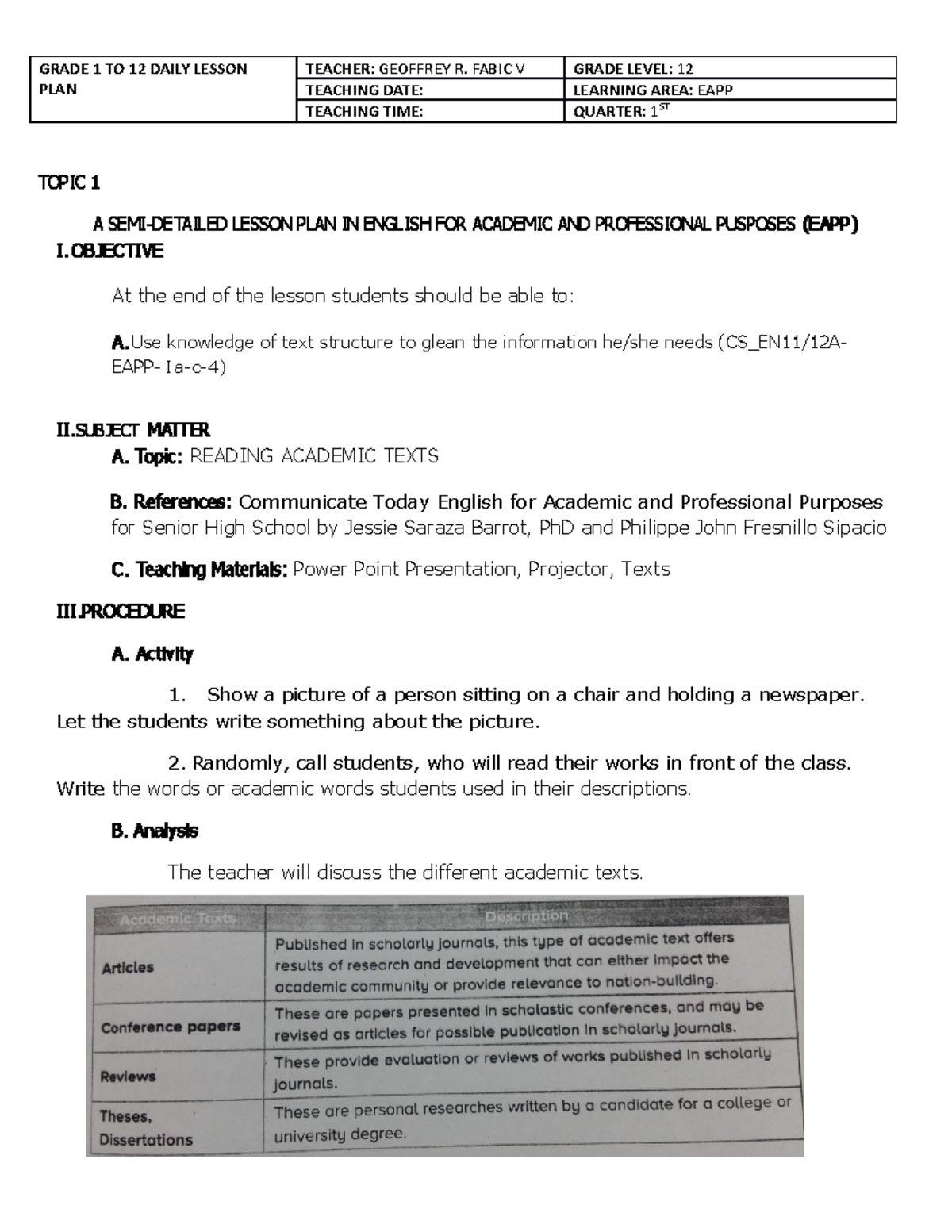 Lesson Plan: Reading Academic Texts in EAPP (Grade 12) - Studocu