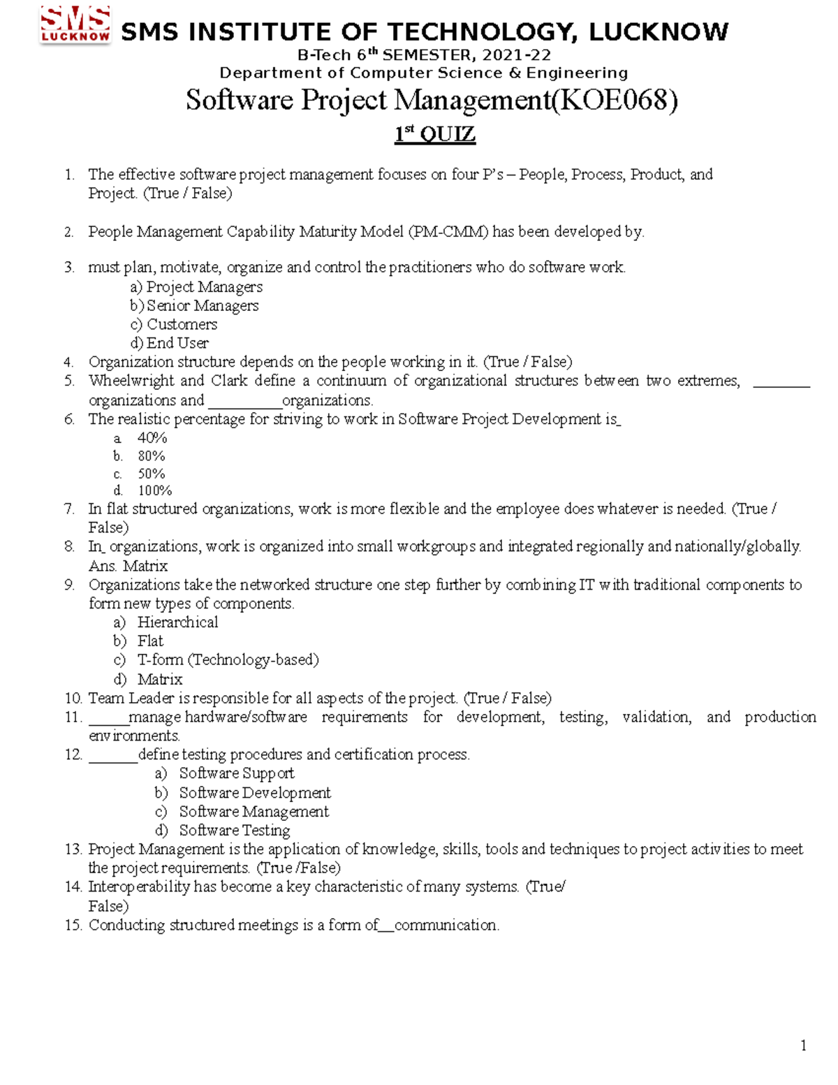 Software Project Management KOE068 - 1st to 5th Quiz Questions - Studocu