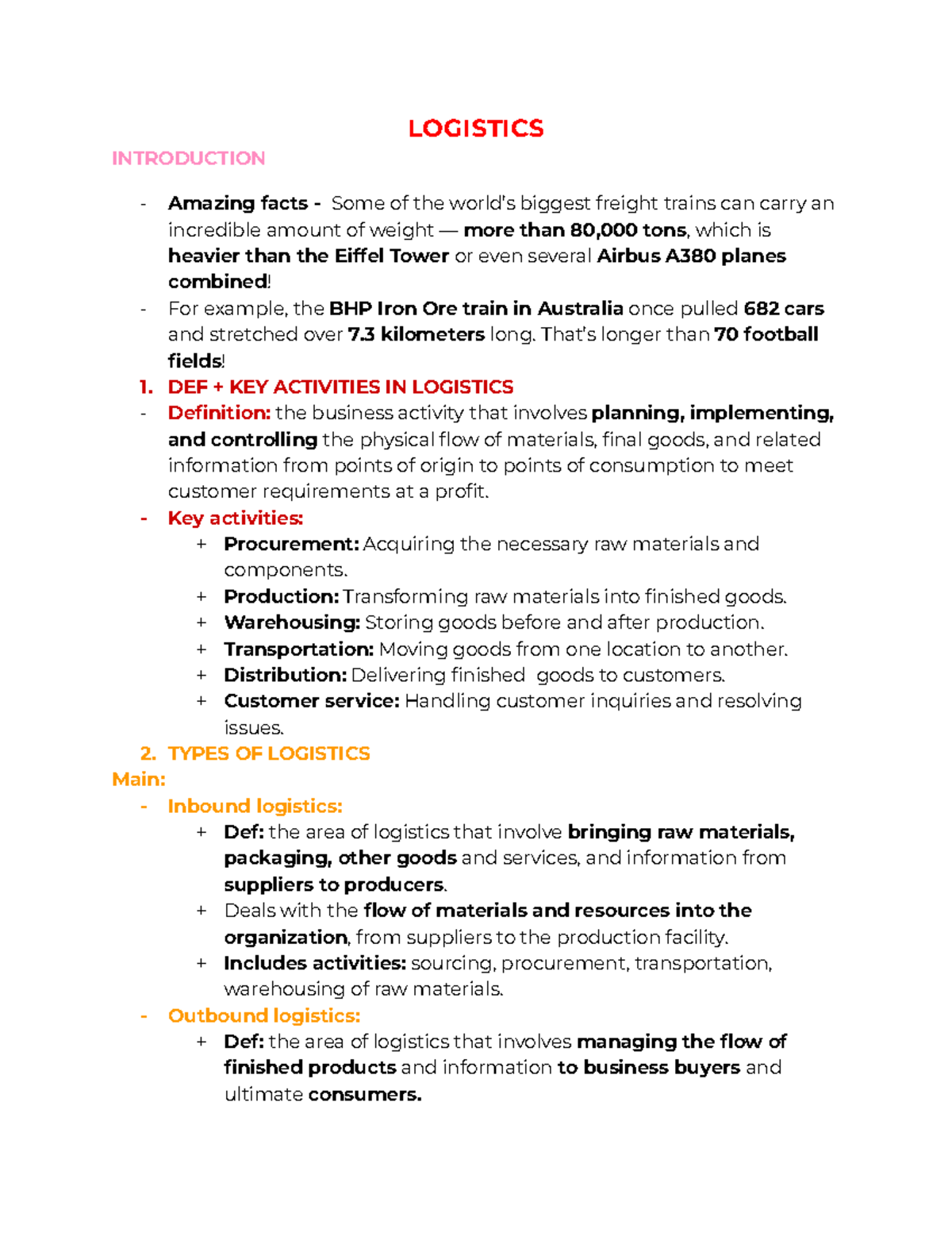LOGISTICS INTRODUCTION: Key Activities & Benefits (Unit 8) - Studocu