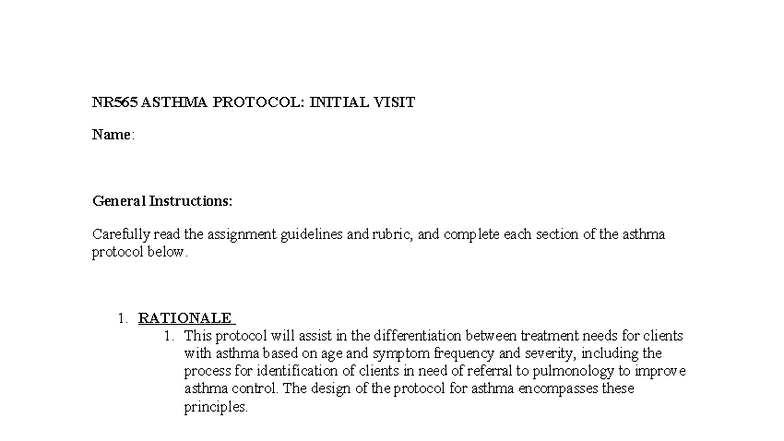 NR565 Asthma Protocol: Initial Visit Guidelines and Treatment Steps ...