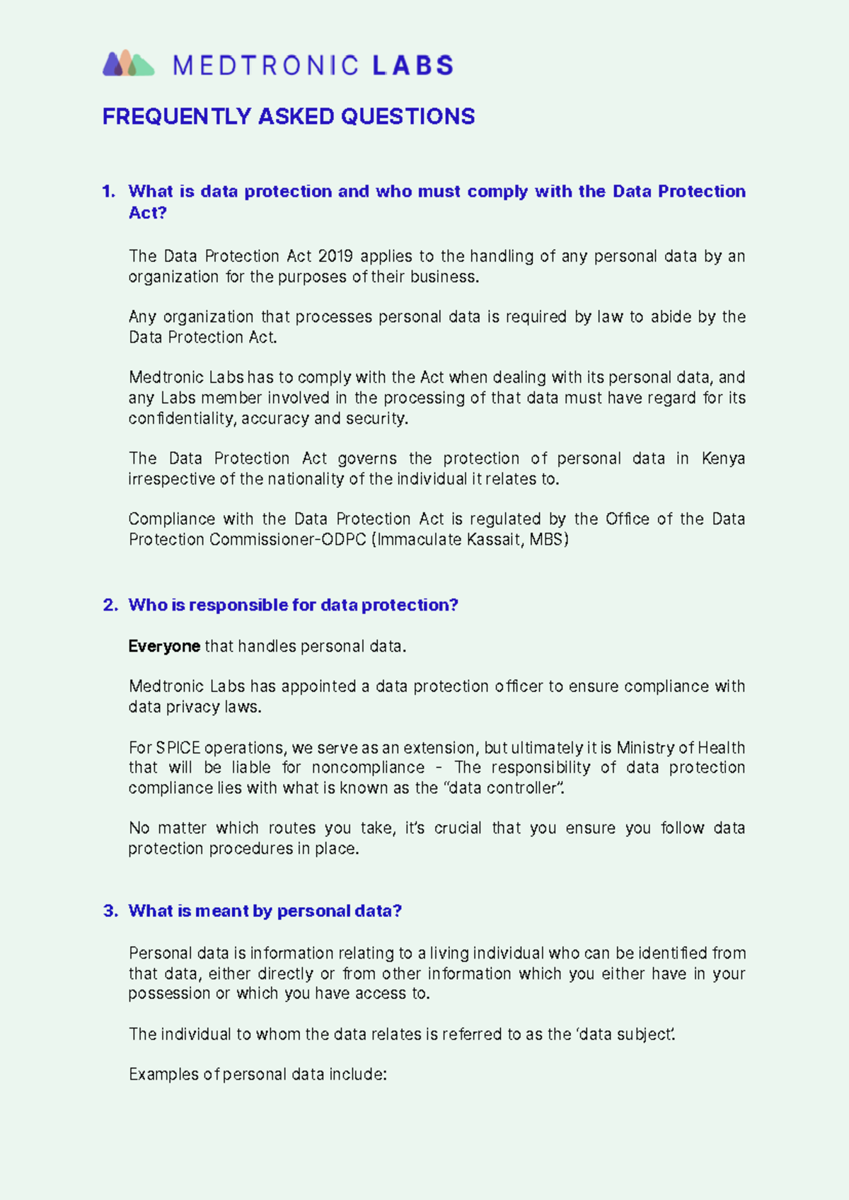 Data Protection Act 2019: FAQs for Medtronic Labs Compliance - Studocu