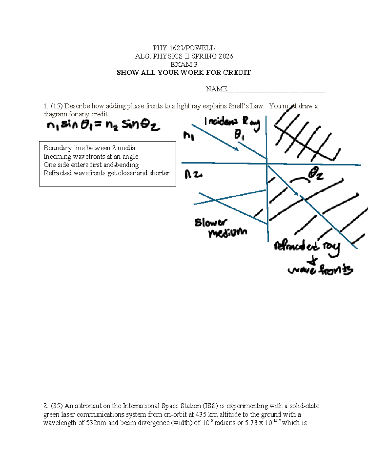 PHY 1623 Exam 3: Physics II Spring 2026 - Show All Work for Credit ...