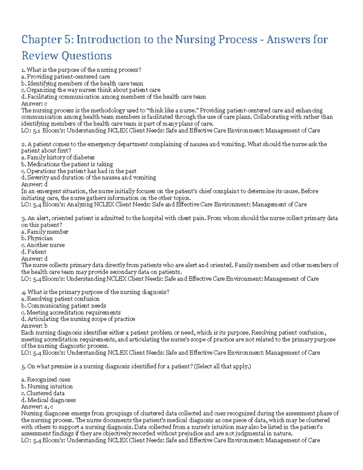 Chapter 5 NCLEX Review Questions & Answers for Nursing Process - Studocu