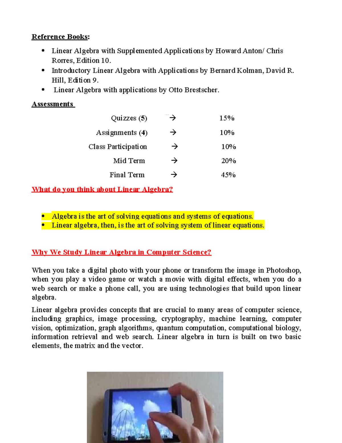Linear Algebra Concepts and Applications: A Study Guide for CS 101 ...
