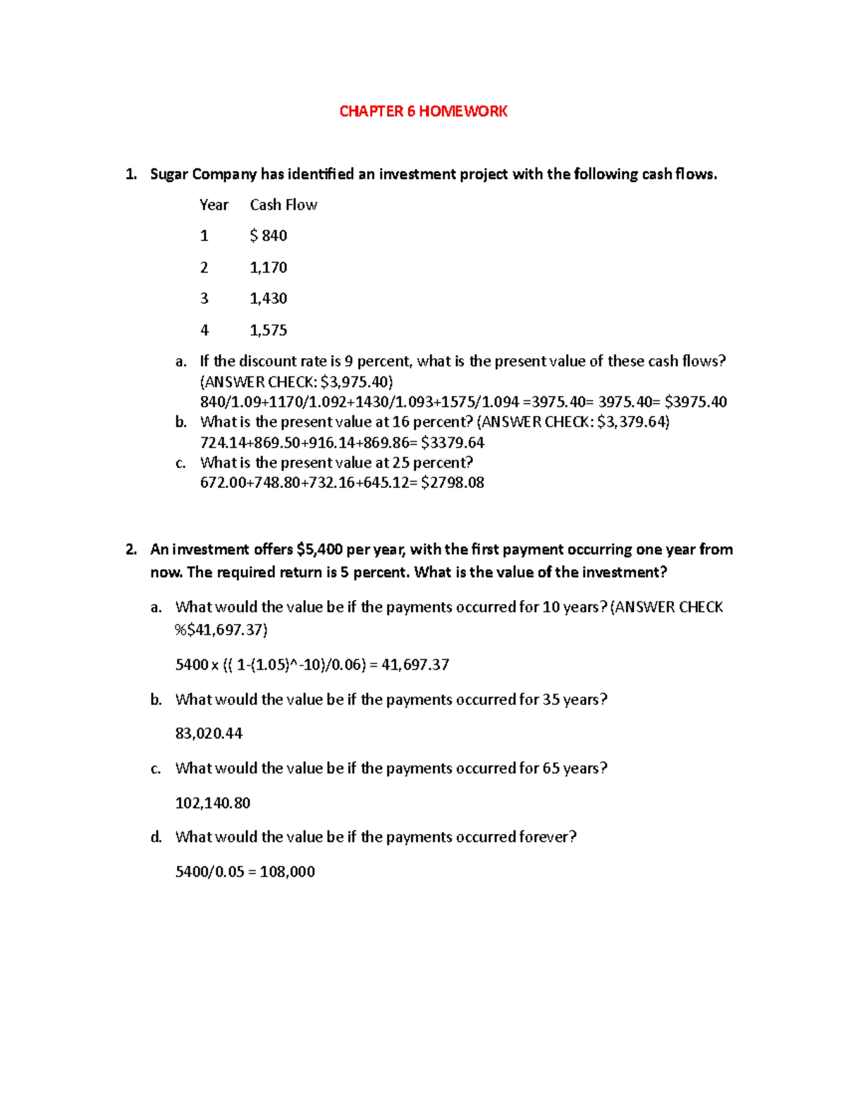 CHAPTER 6 HOMEWORK: Cash Flow Analysis and Present Value Calculations ...