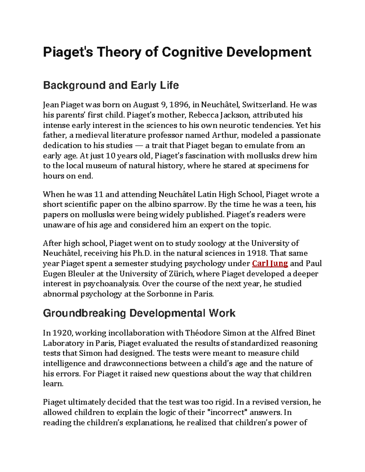 Piaget's Theory of Cognitive Development: Key Insights and Stages - Studocu