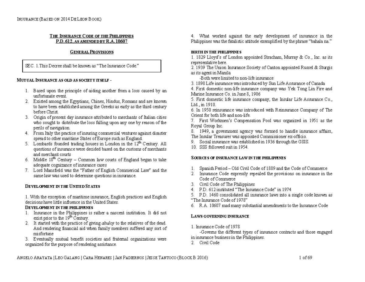 Insurance Digest: Overview of the Philippine Insurance Code (P.D. 612 ...