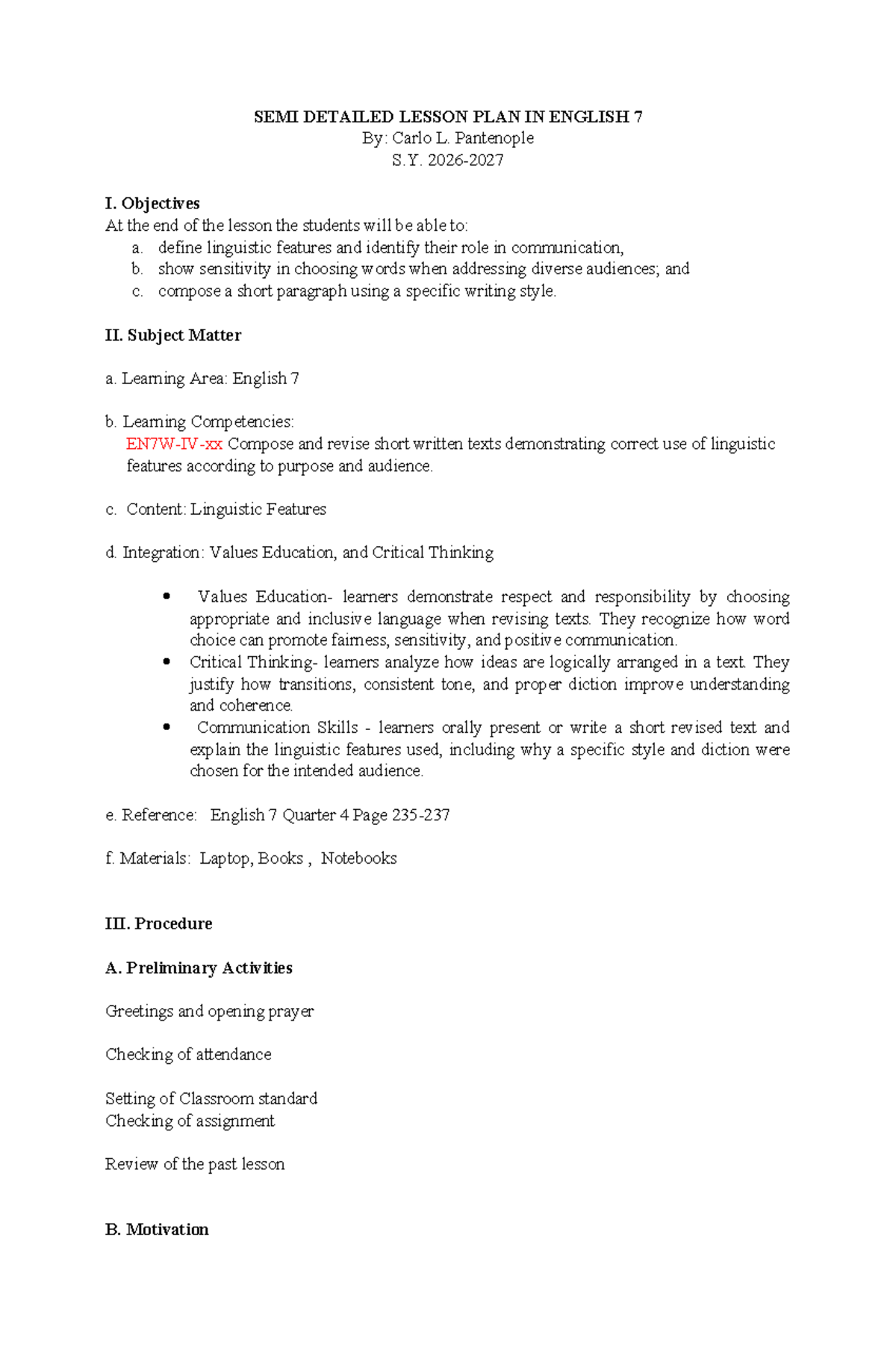 SEMI DETAILED LESSON PLAN IN ENGLISH 7: Linguistic Features and Writing ...