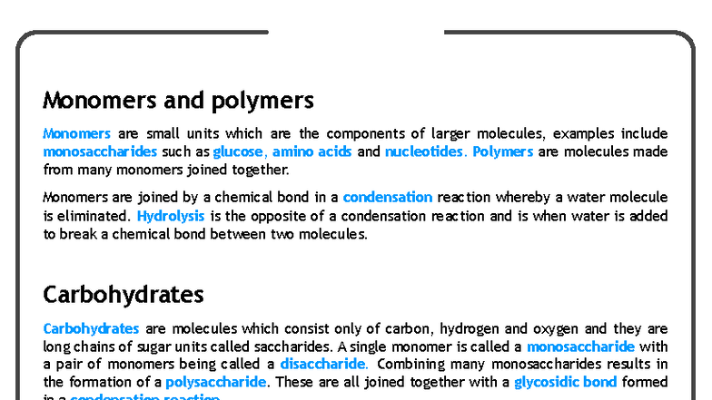 AQA Biological Molecules: Monomers, Polymers, and Their Functions - Studocu