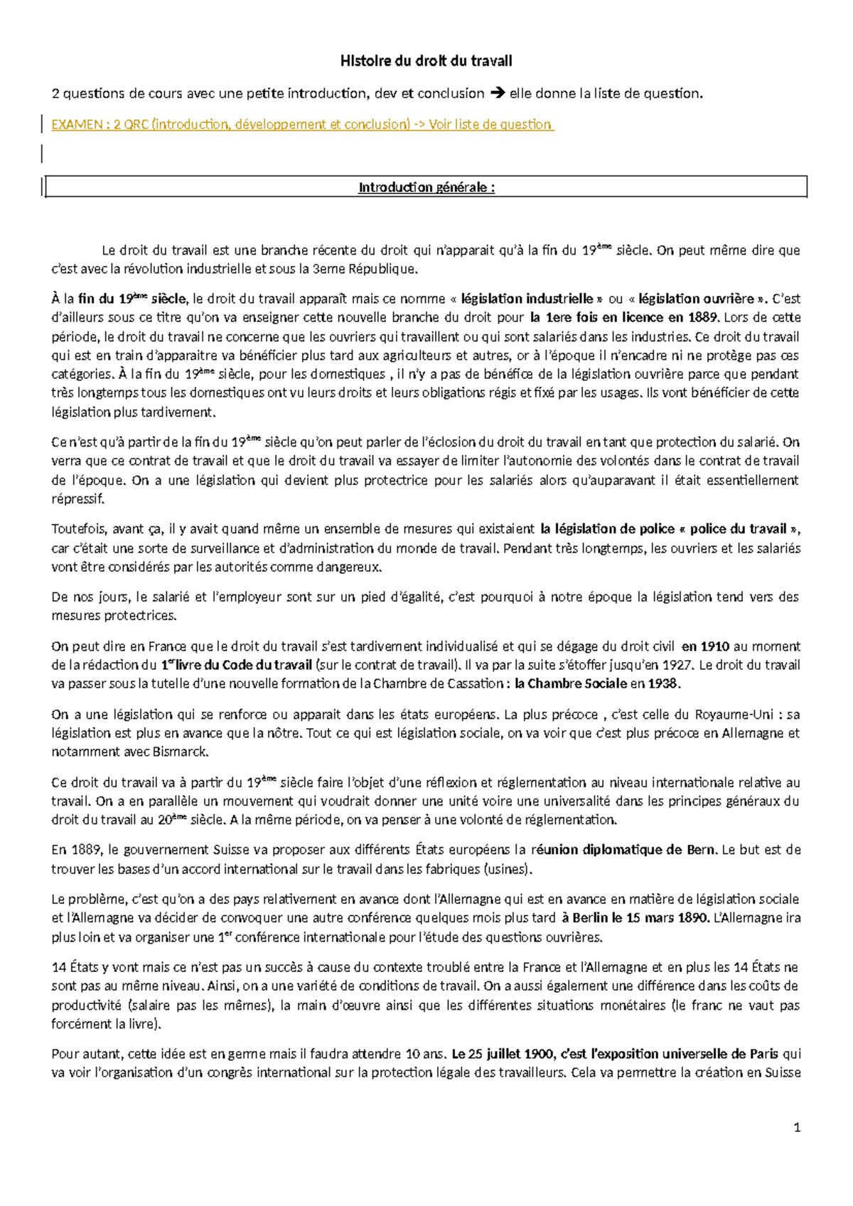 Cours Histoire du Droit du Travail - Examen et Questions de Cours - Studocu