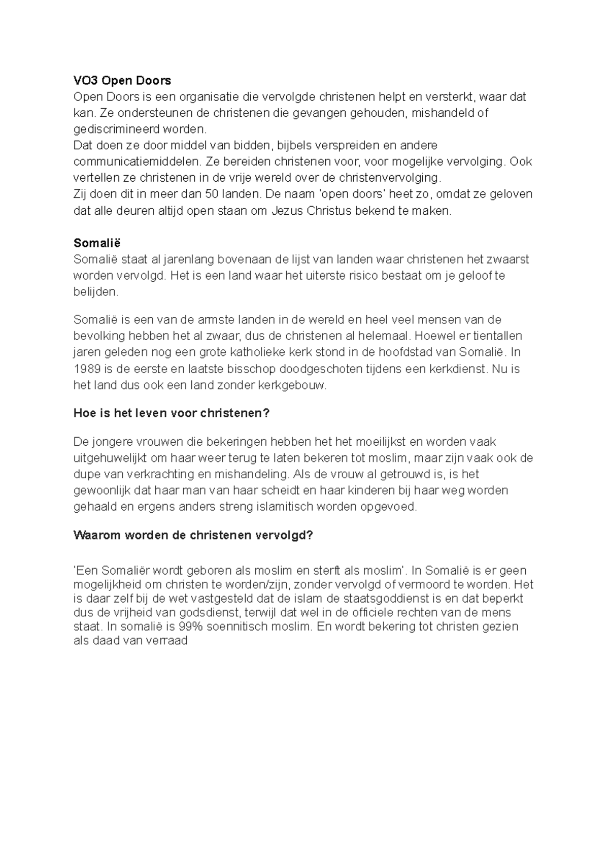 VO3 GD Open Doors: Christelijke Vervolging in Somalië - Studeersnel