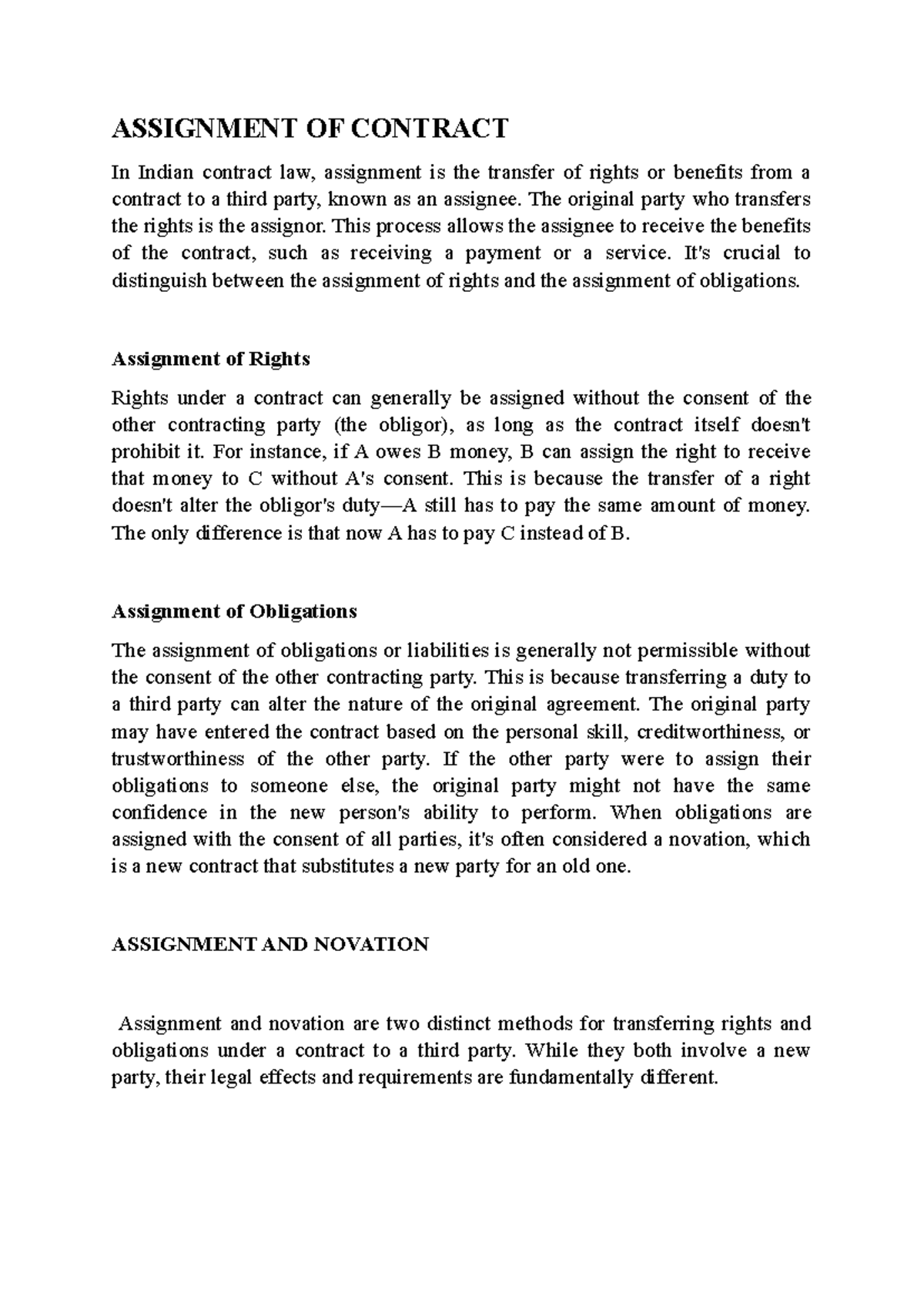 Contract Assignment and Novation in Indian Law: Key Concepts - Studocu