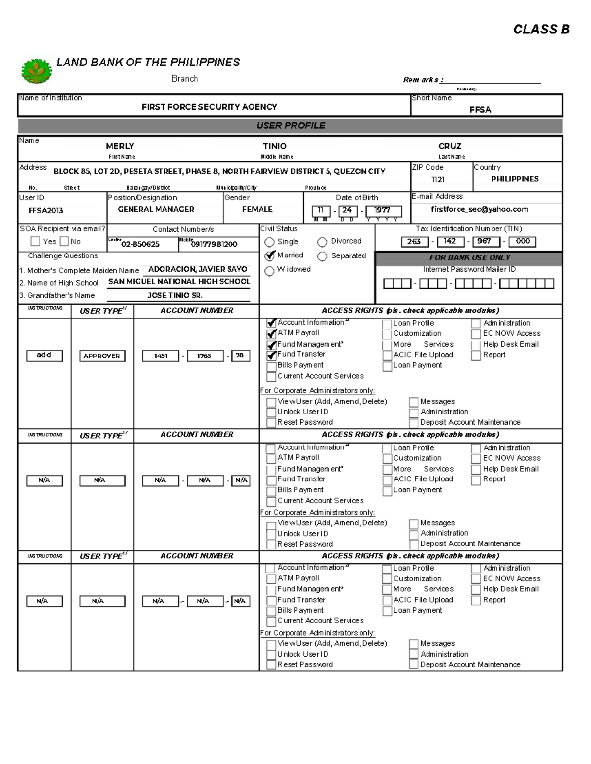 CLASS B USER PROFILE FORM FOR FIRST FORCE SECURITY AGENCY (FFSA) - Studocu
