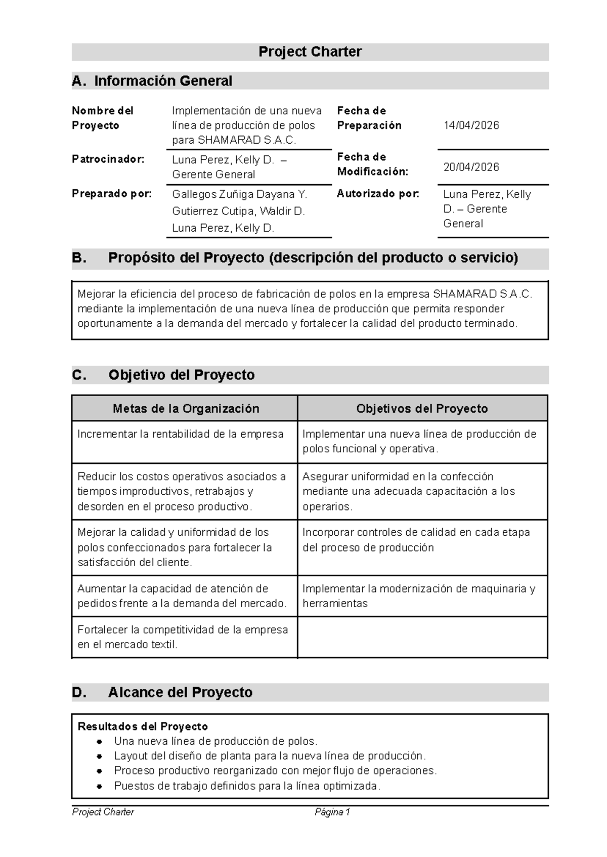 Project Charter: Implementación de Nueva Línea de Producción de Polos ...