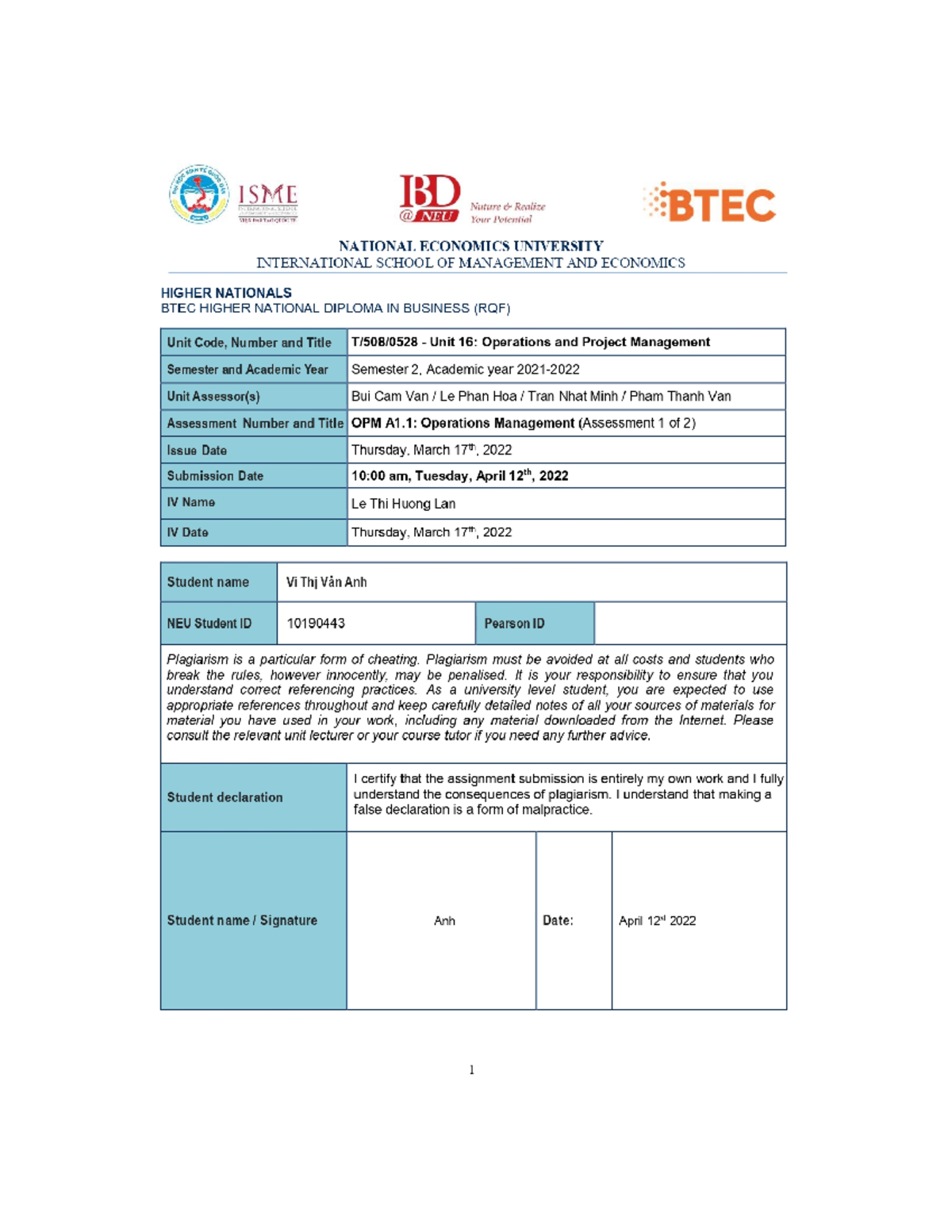 10190443 OPM A1 - this is an assignment about operation and project ...