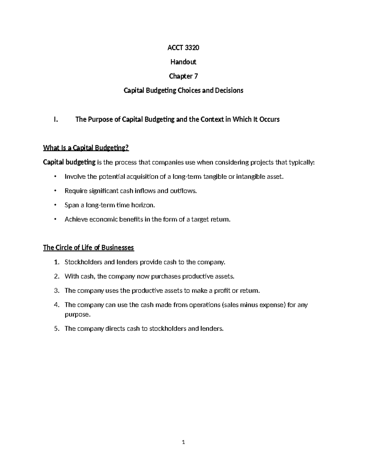 ACCT 3320 Handout: Chapter 7 - Capital Budgeting Choices & Decisions ...