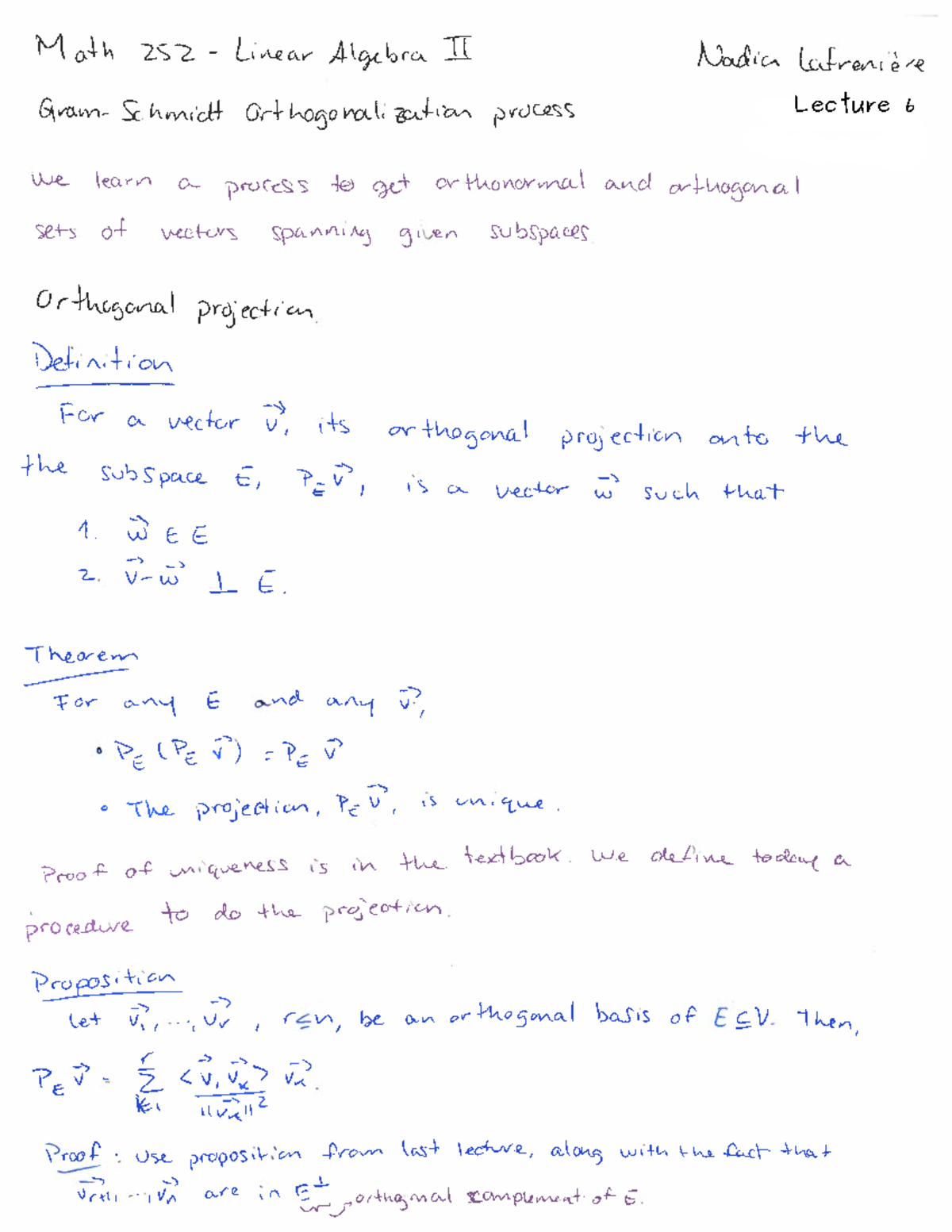 Math 252 Lecture 6: Gram-Schmidt Orthogonalization Process - Studocu
