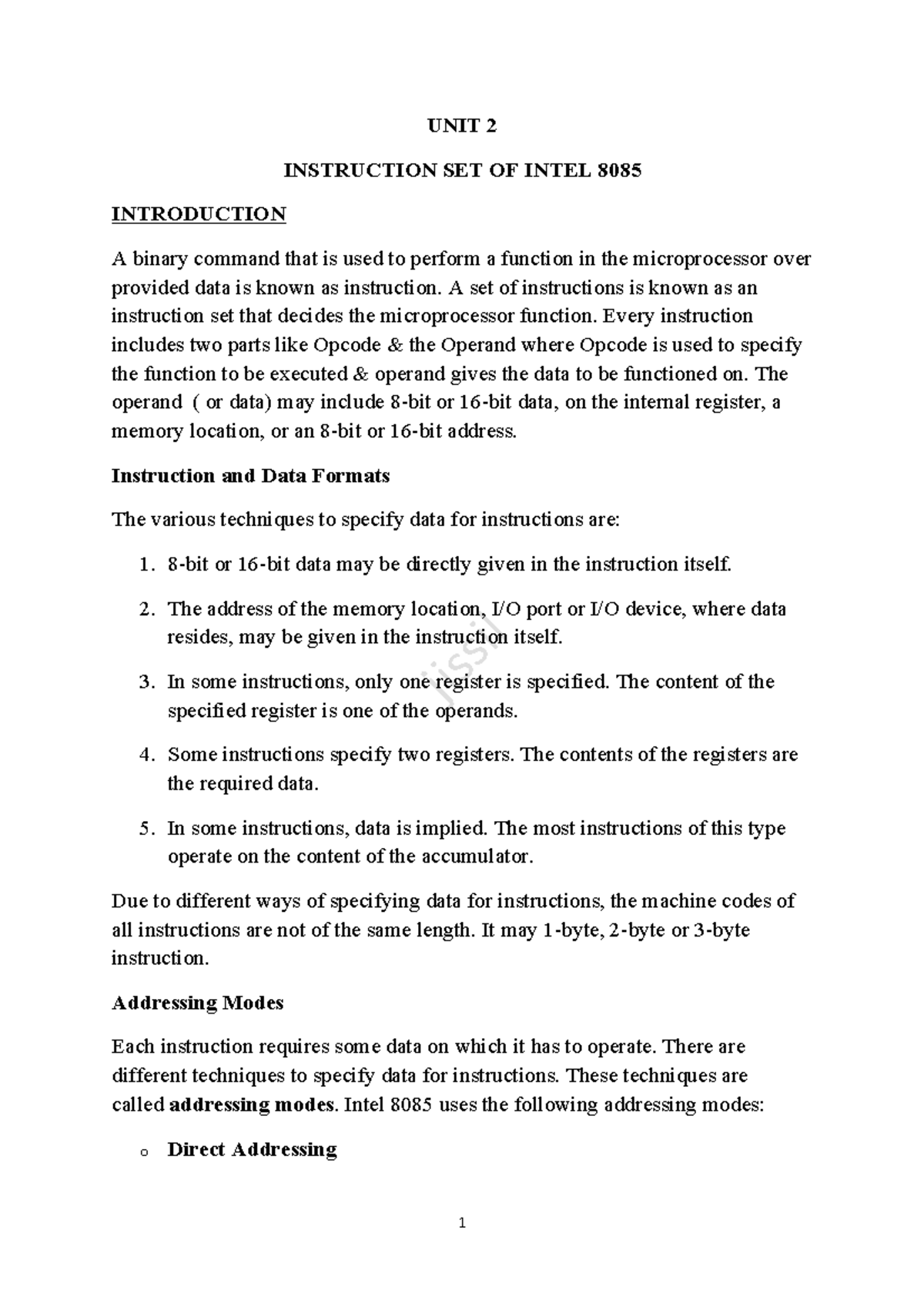 Module 2 - Intel 8085 Instruction Set Notes - Studocu