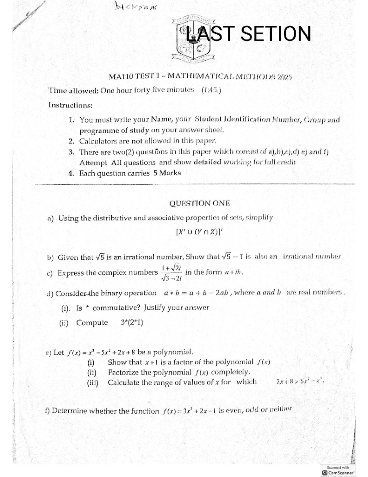 MA110 Mathematical Methods Test Papers 2025: Complete Guide - Studocu