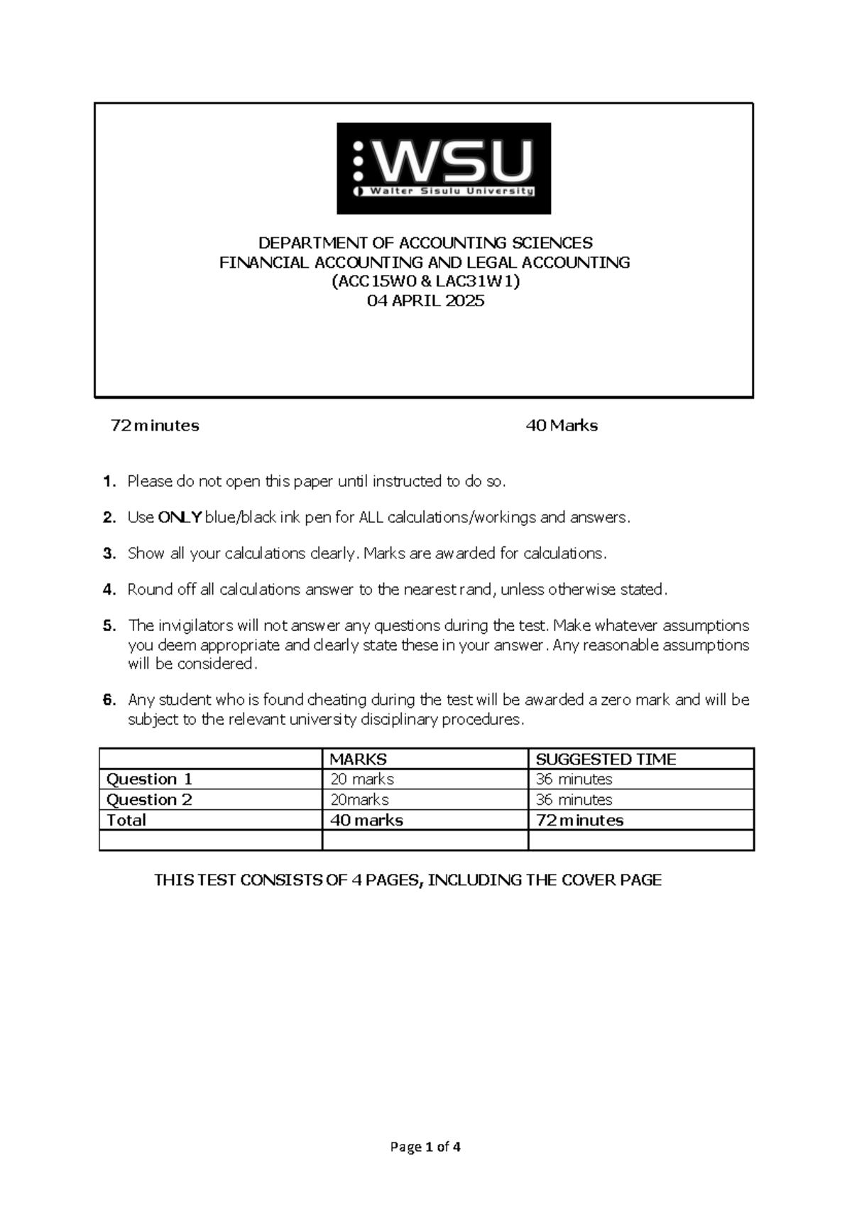 ACC15W0 LAC31W1 Financial Accounting Test 1 2025 - 72 Minutes - Studocu