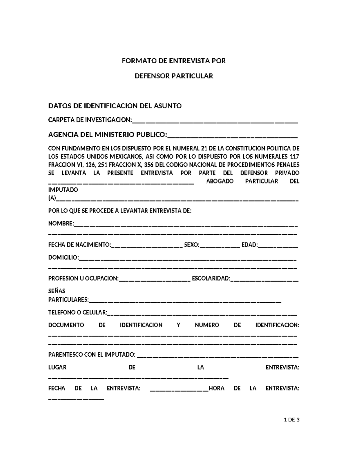 Formato de Entrevista por Defensor Particular - Datos de Identificación ...