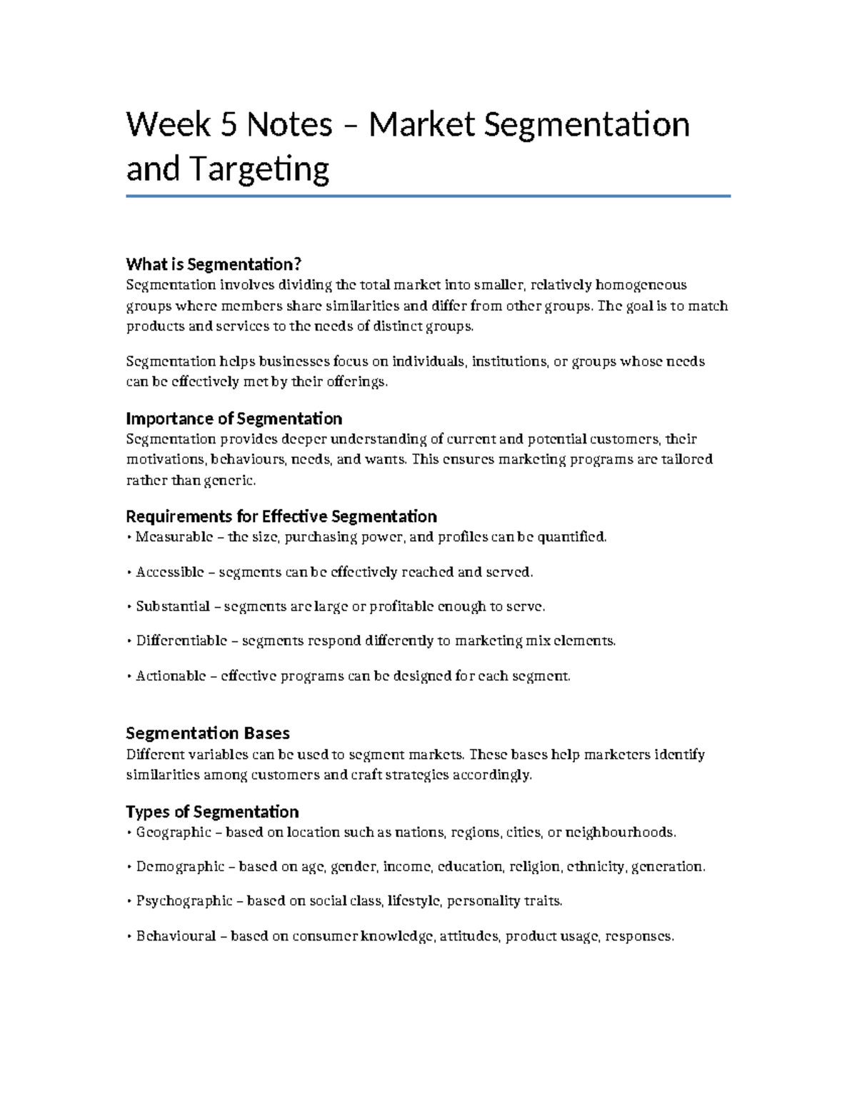 MKT 101: Week 5 Notes on Market Segmentation & Targeting - Studocu