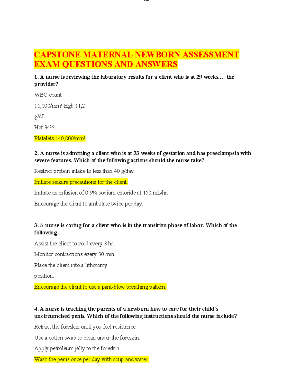 Capstone maternal newborn assessment exam questions and answers ...