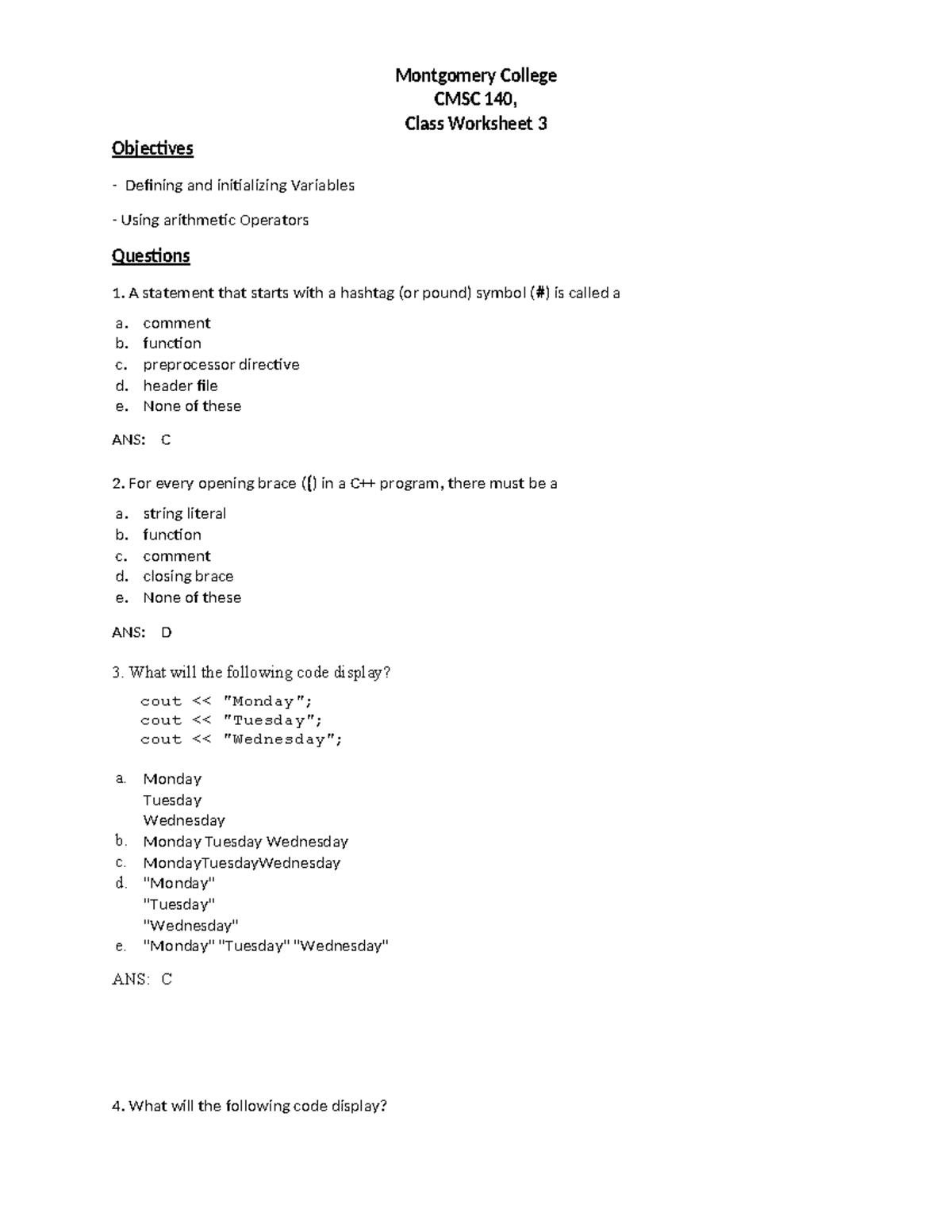 CMSC 140 Class Worksheet 3: Variables, Operators & Programming Concepts ...