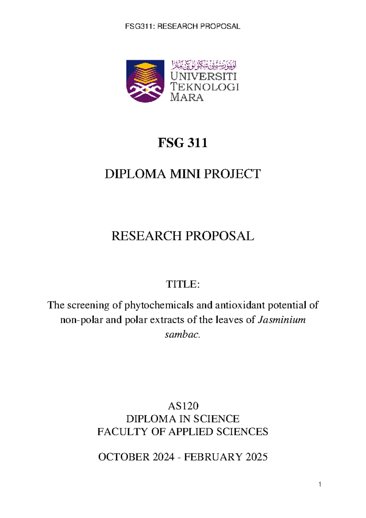 FSG311 Mini Project Proposal: Antioxidant Potential of Jasminum Sambac - Document Preview