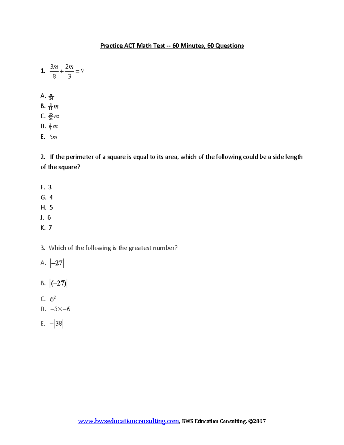 Practice ACT Math Test - 60 Questions and Solutions - Studocu