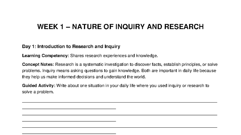 PRAC RES 1 Week 1: Inquiry & Research Concept Notes Handouts - Studocu