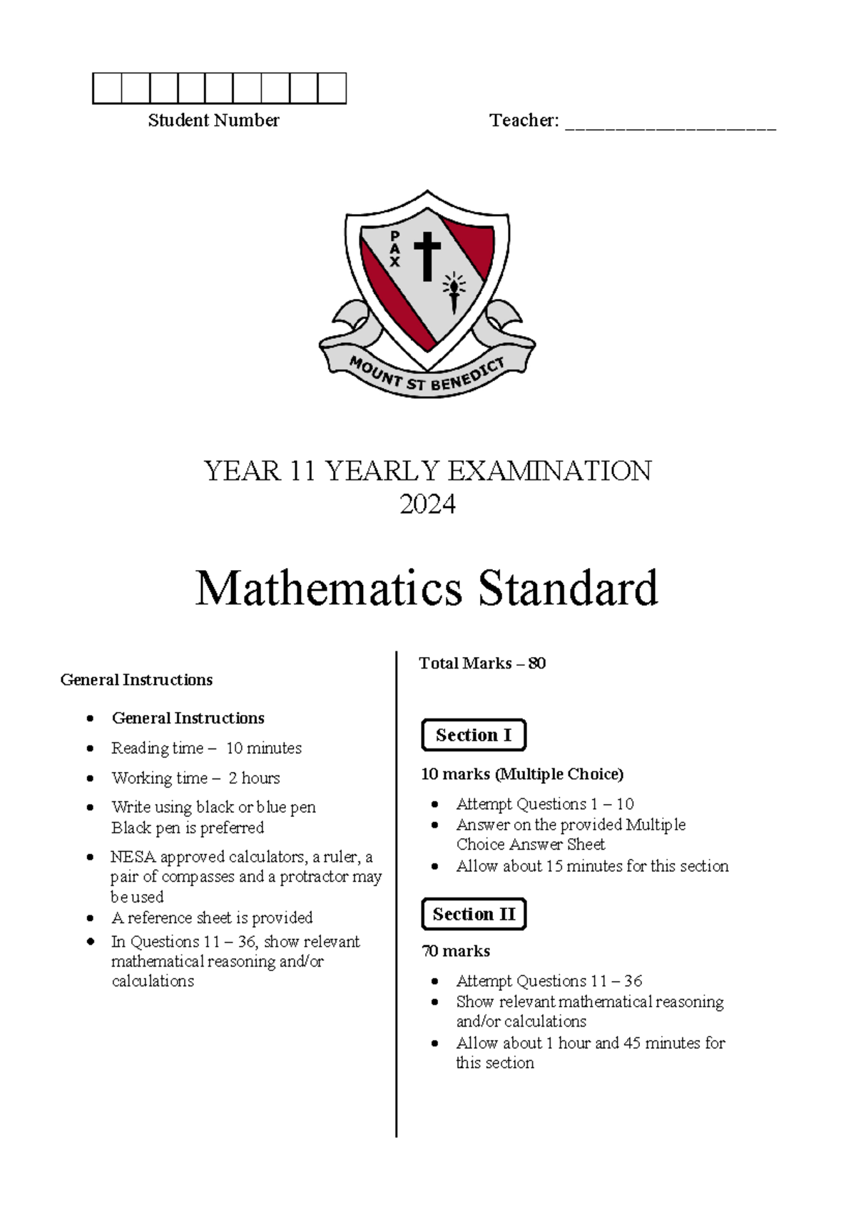 MSB 2024 Year 11 Mathematics Standard Final Exam Guide - Studocu