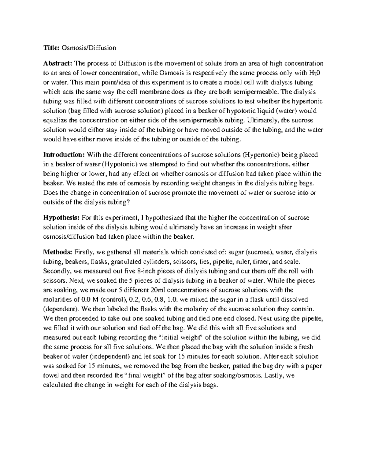 Osmosis Diffusion Lab Draft Report - Title: Osmosis/Diffusion Abstract ...